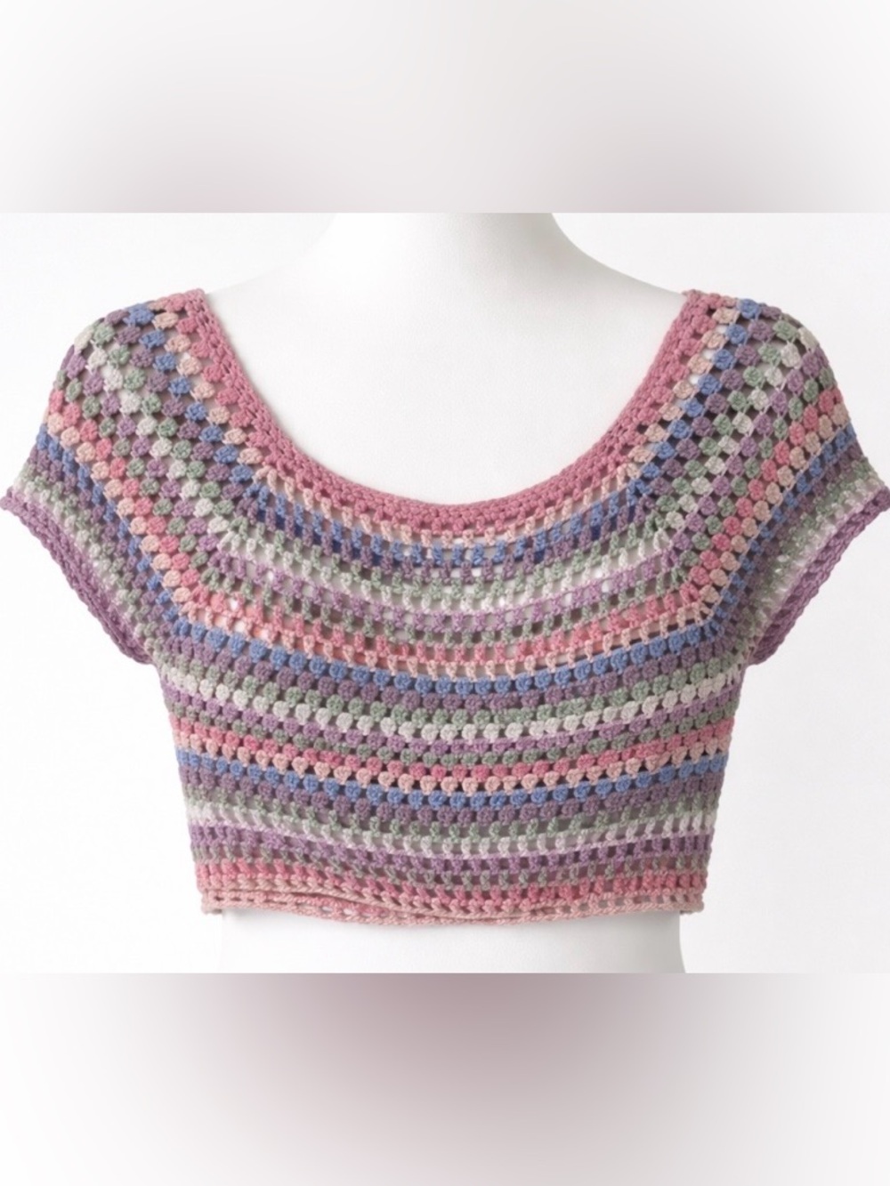 Rainbow Y2K Crochet Top Pastel Granny Square Knit Dopamine Cropped Sweater XS